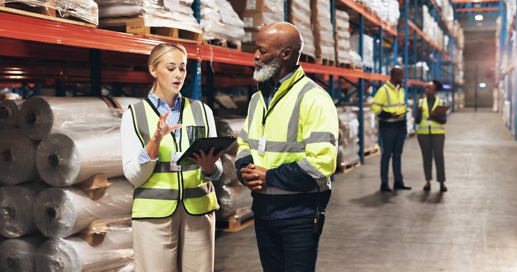 Business people, distributor and inventory with tablet for checking stock, distribution or logistic